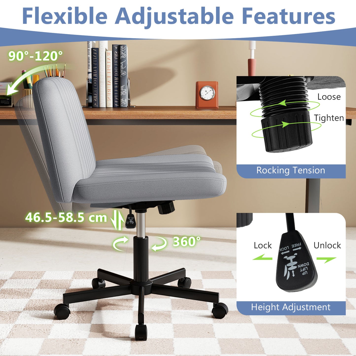 Cross-Legged Swivel Desk Chair with Wheels and Wide Seat