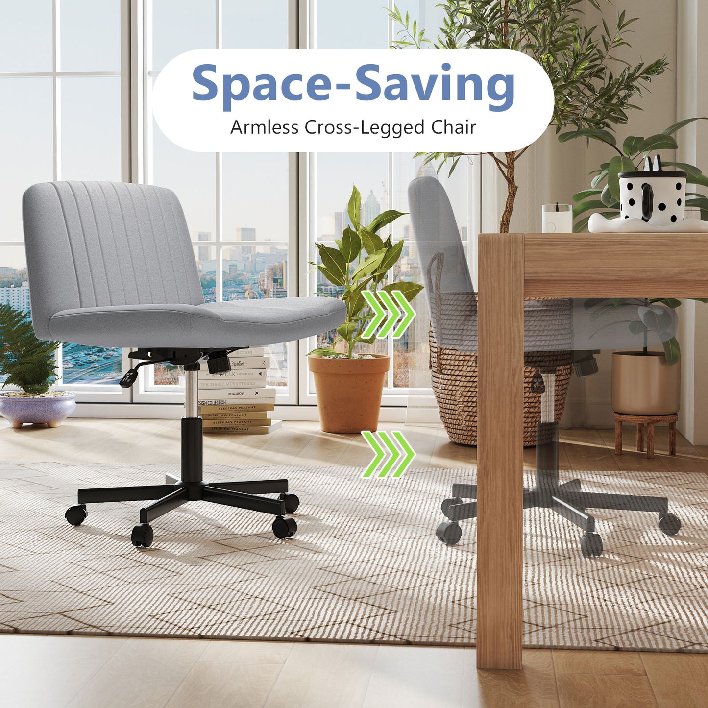 Cross-Legged Swivel Desk Chair with Wheels and Wide Seat