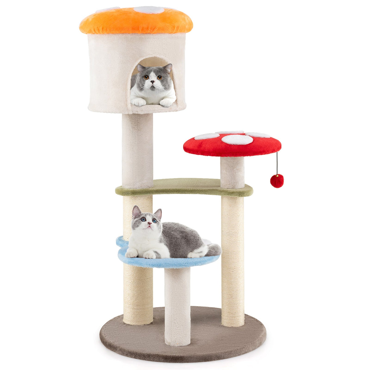 Cute Mushroom Cat Tree with Sisal Scratching Posts Top Condo and Padded Platforms-Multicolor
