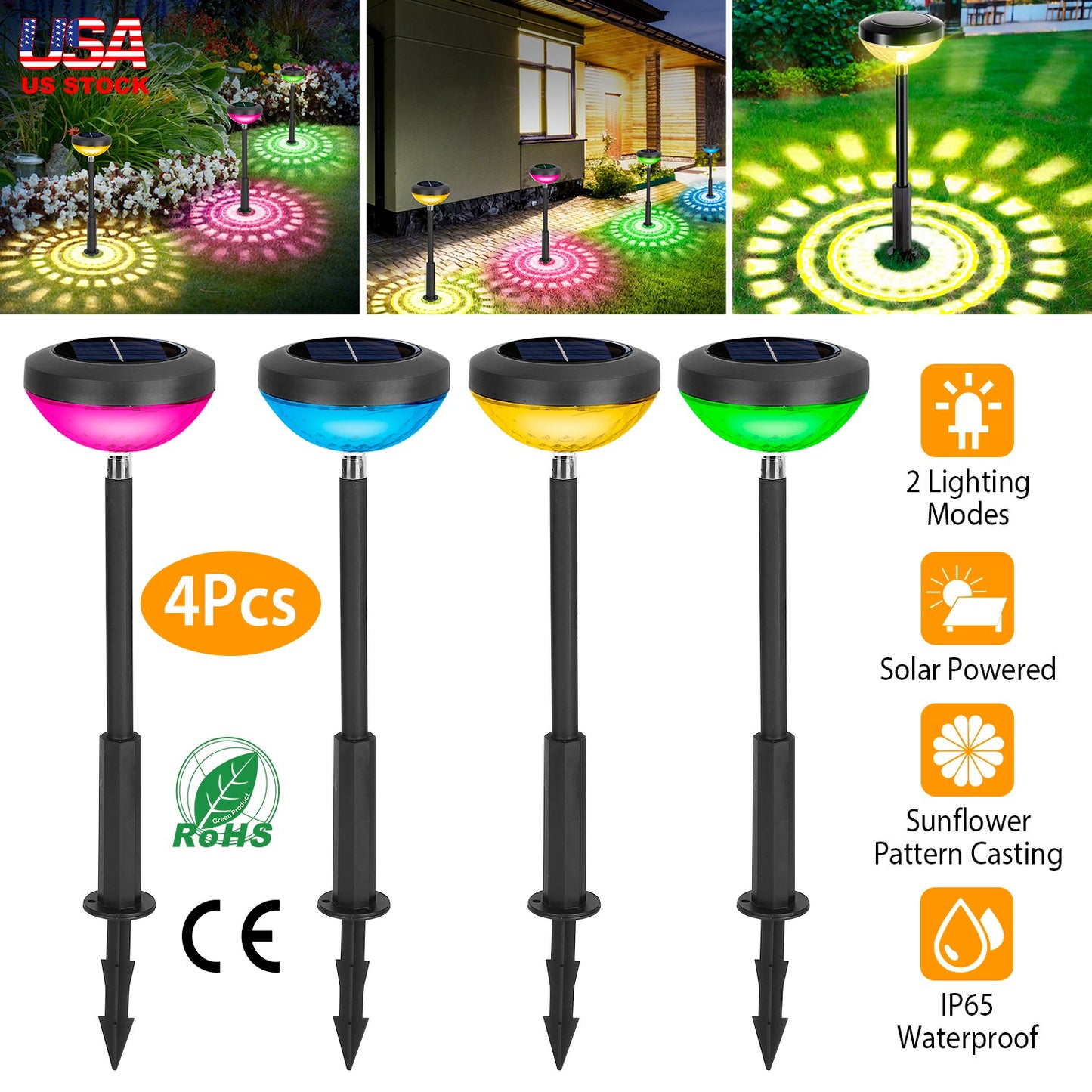 Solar Pathway Lights with Sunflower Pattern Projection (4-Pack)