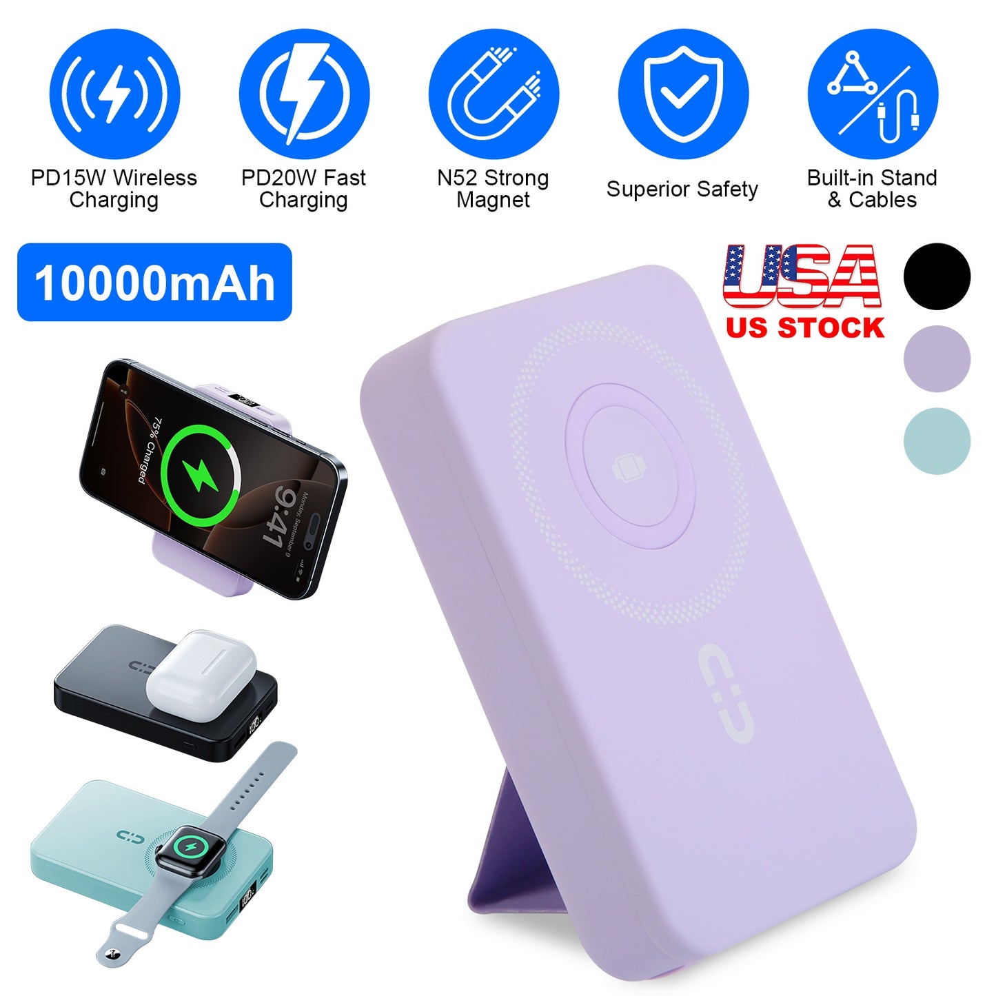 10000mAh MagSafe Power Bank with Built-In Cables & Stand