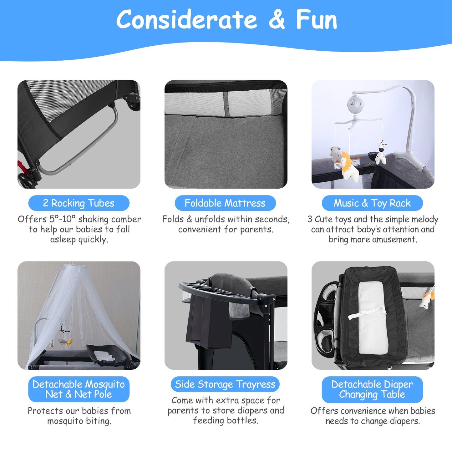 6-in-1 Foldable Baby Crib with Changing Table & Activity Center