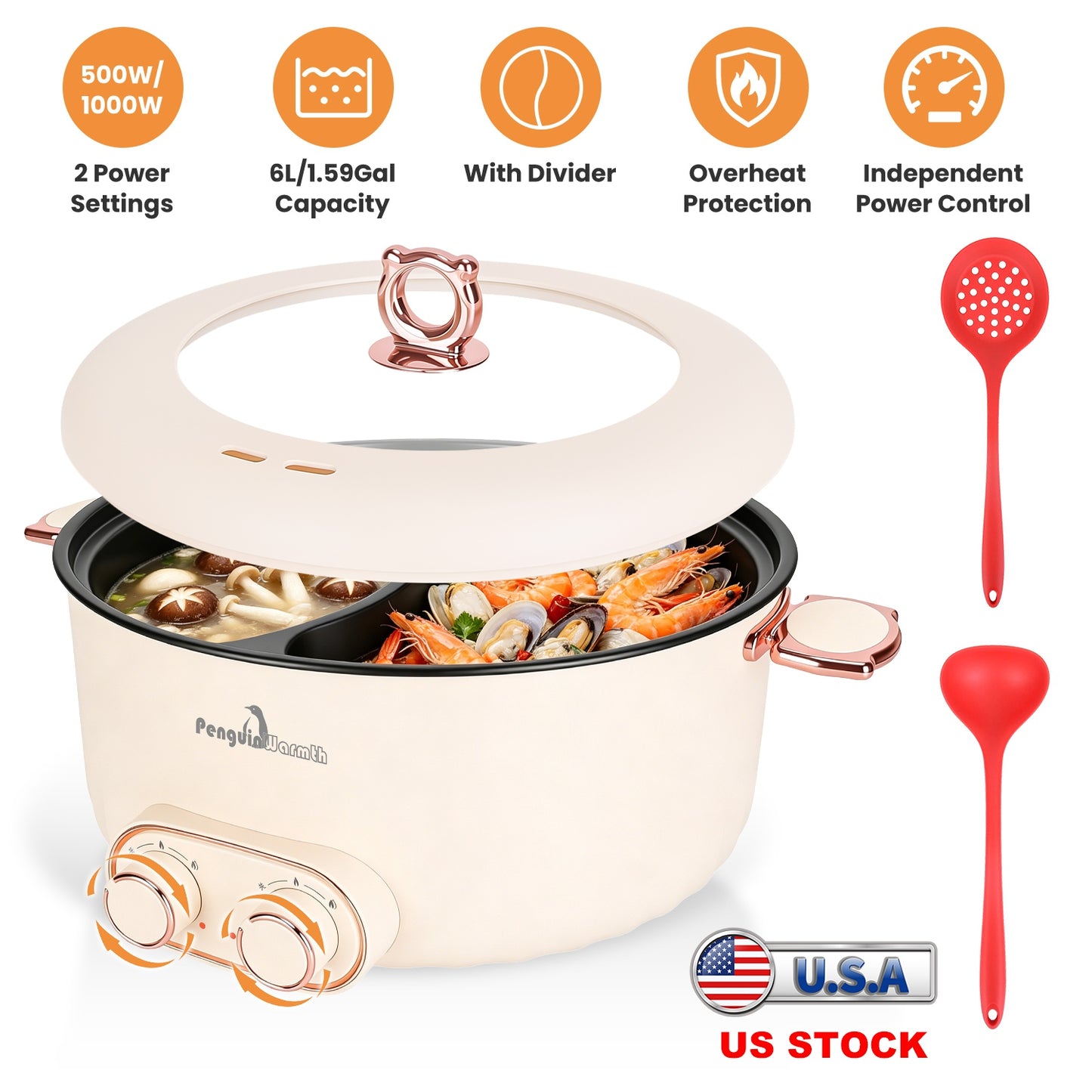 Electric Hot Pot with Divider 6L Dual Control 2000W