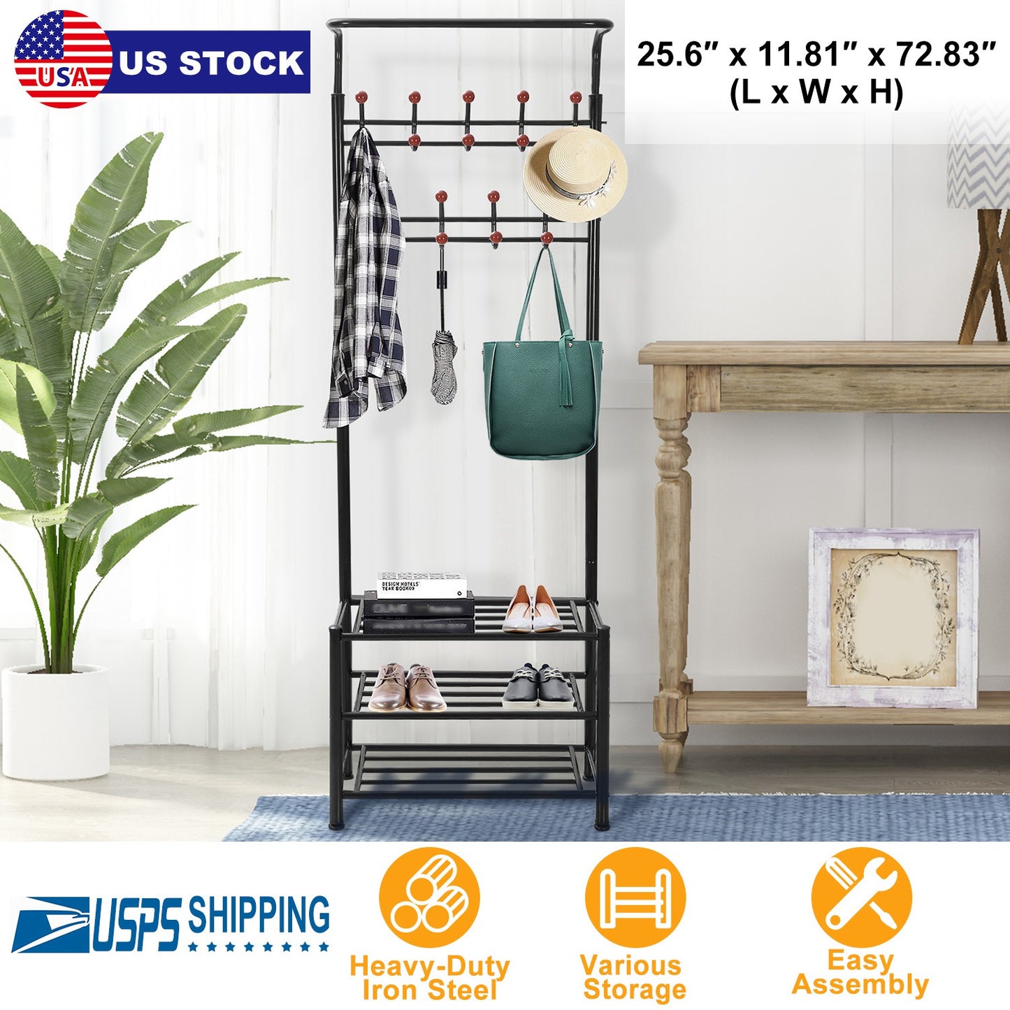 Entryway Hall Tree with Shoe Bench and 18 Hooks