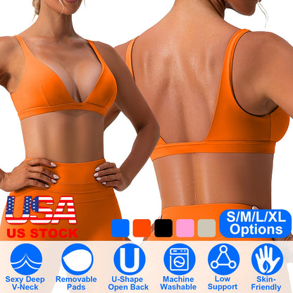 Women Deep V-Neck Sports Bras U-Shaped Back Sport Bras Padded Strappy Crop Open Back Low Impact Bras Sexy Fitness Tank Tops with Removable Pads for Gy