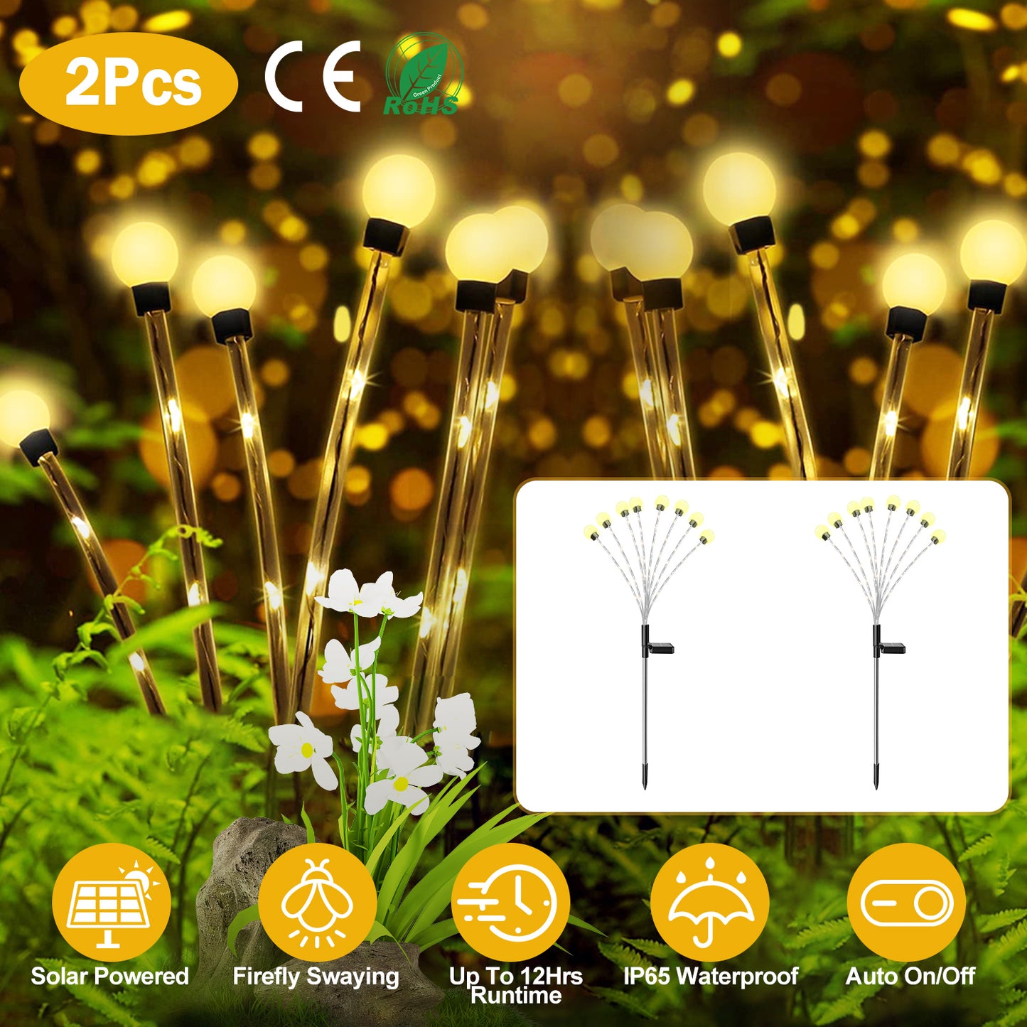 Solar Firefly Lights Swaying Garden Pathway Stakes (2-Pack)