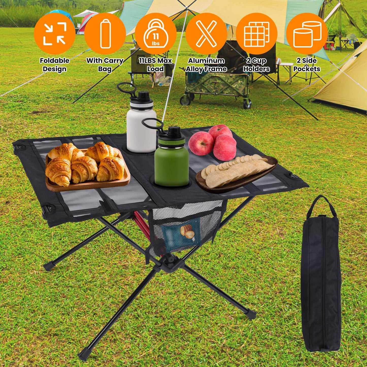 Folding Camping Table with Cup Holders & Carry Bag