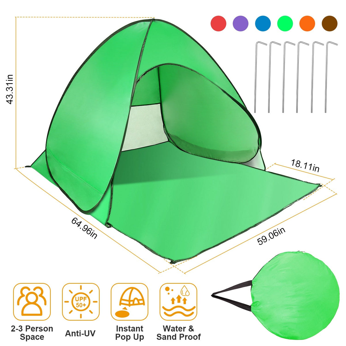 Pop Up Beach Tent Sun Shade Shelter Anti-UV Automatic Waterproof Tent Canopy for 2/3 Man w/ Net Window Storage Bag for Outdoor Beach Camping Fishing P