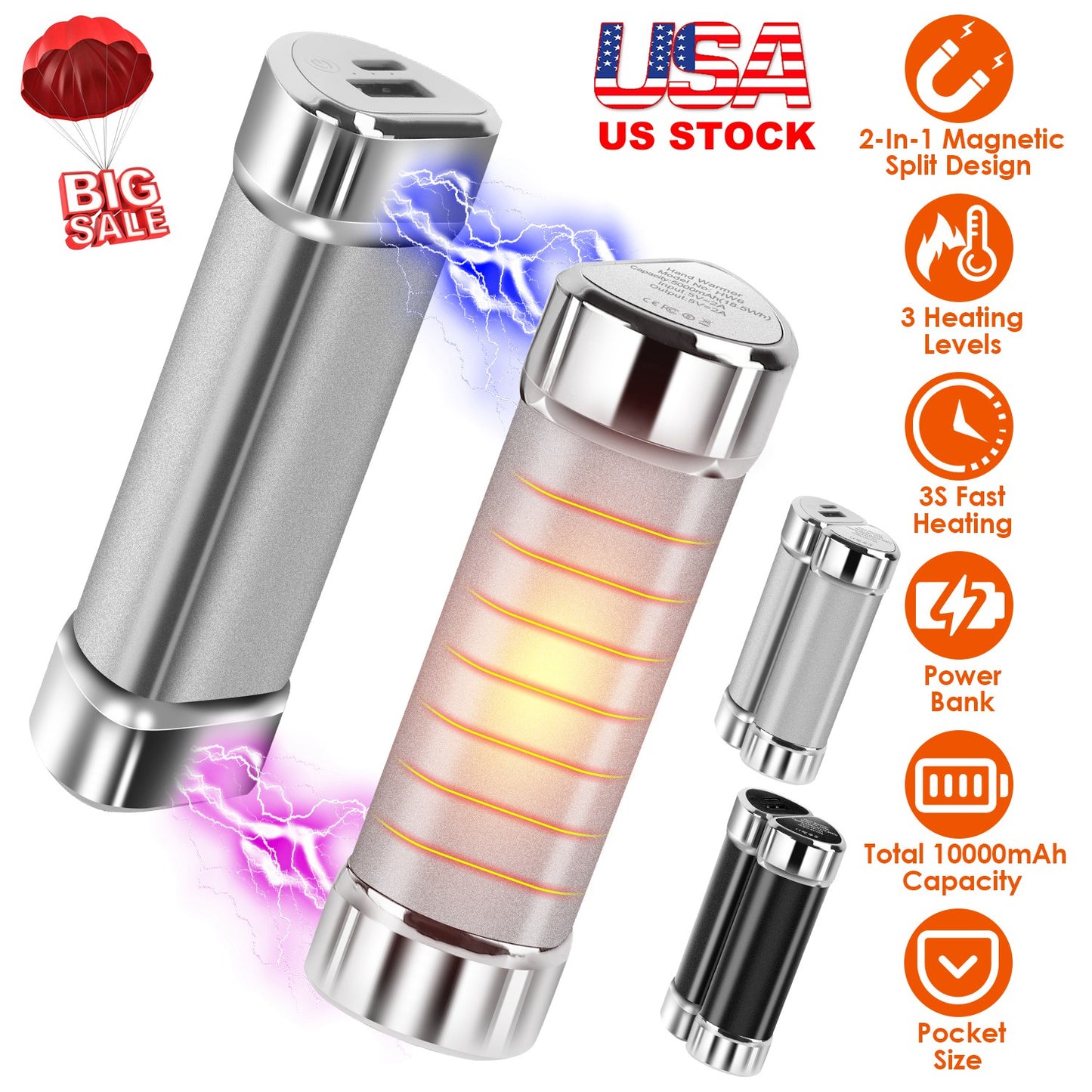 Magnetic Hand Warmers 2-Pack with 10000mAh Power Bank
