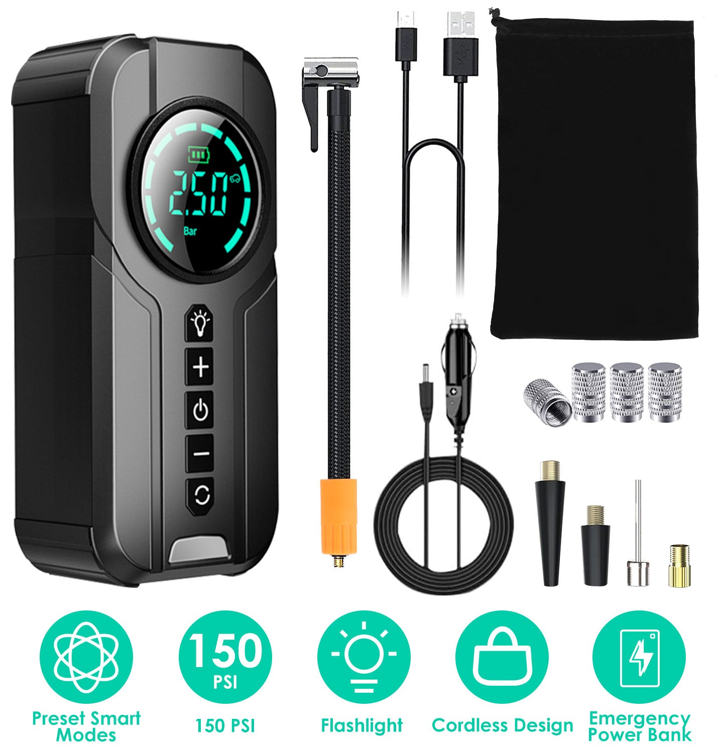 Portable Tire Inflator 150 PSI Wireless Air Compressor with LED
