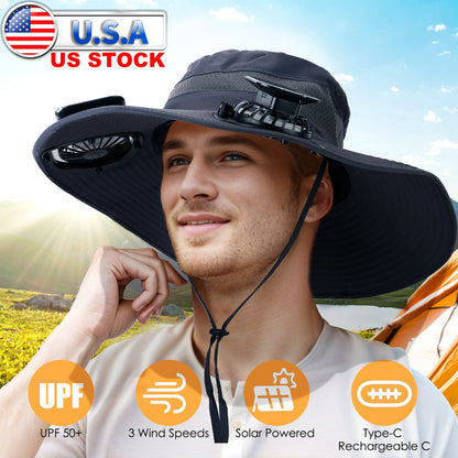 Wide Brim Sun Hat with Dual Rechargeable Fans & UPF50+
