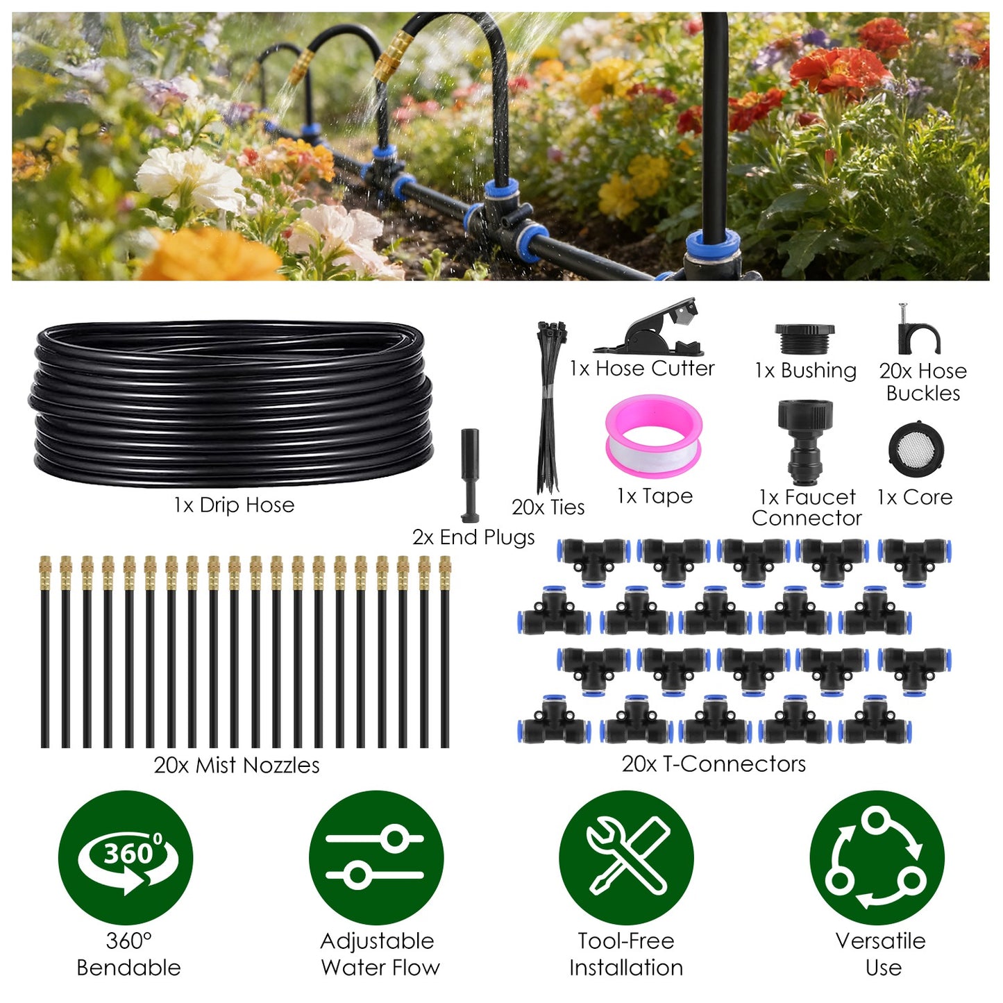 Drip Irrigation System with 49FT Hose & 360° Bendable Nozzles