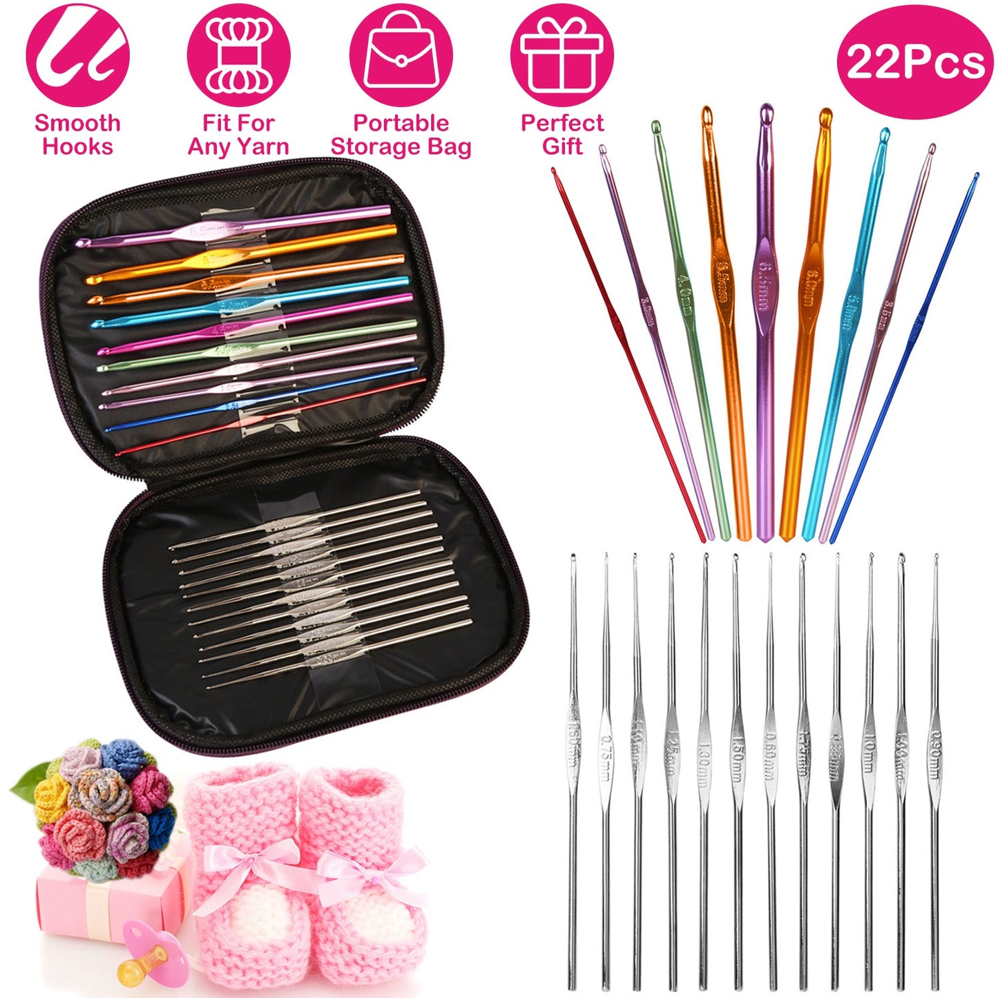 Crochet Hook Set 22-Piece with Aluminum Handles & Case