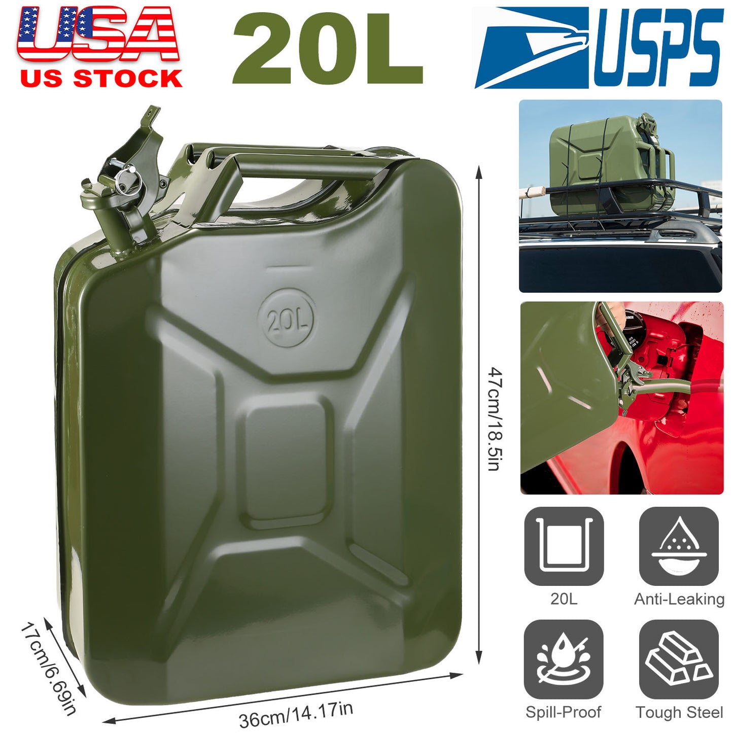 5 Gallon Steel Jerry Can with Spill-Proof Spout