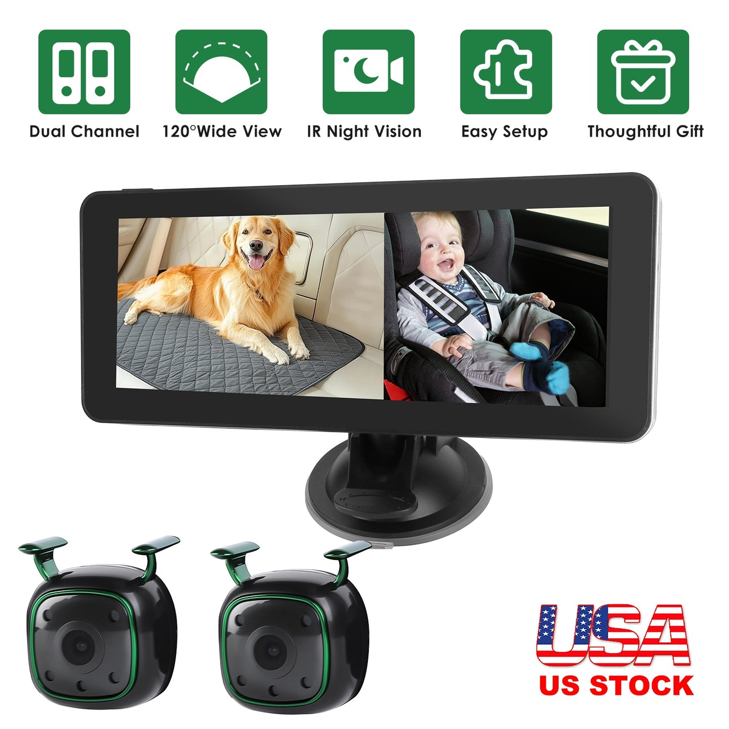 Dual Camera Baby Car Monitor with 6.86" Split Screen & Night Vision