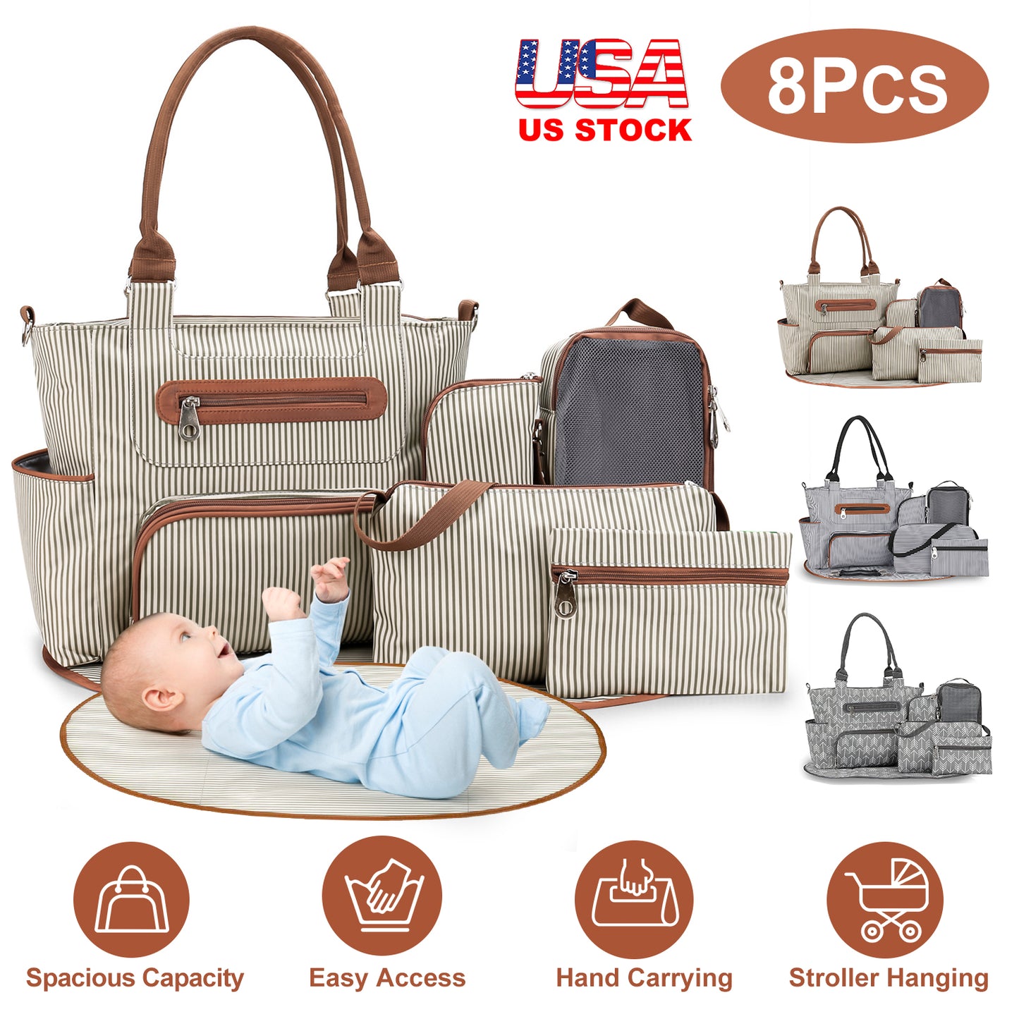 Diaper Bag Set 8-Piece with Changing Pad and Stroller Straps