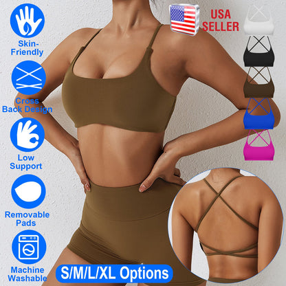 Women Cross Back Sport Bras Padded Strappy Crop Open Back Low Impact Bras Sexy Fitness Tank Tops with Removable Pads Thin Straps for Gym Yoga Workout