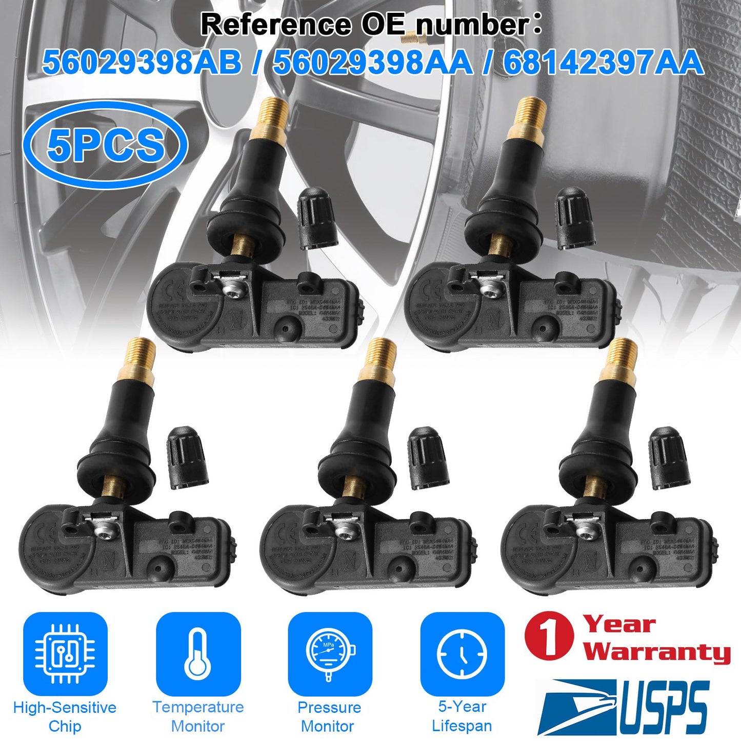TPMS Tire Pressure Sensors for Jeep Chrysler Dodge Ram (5-Pack)