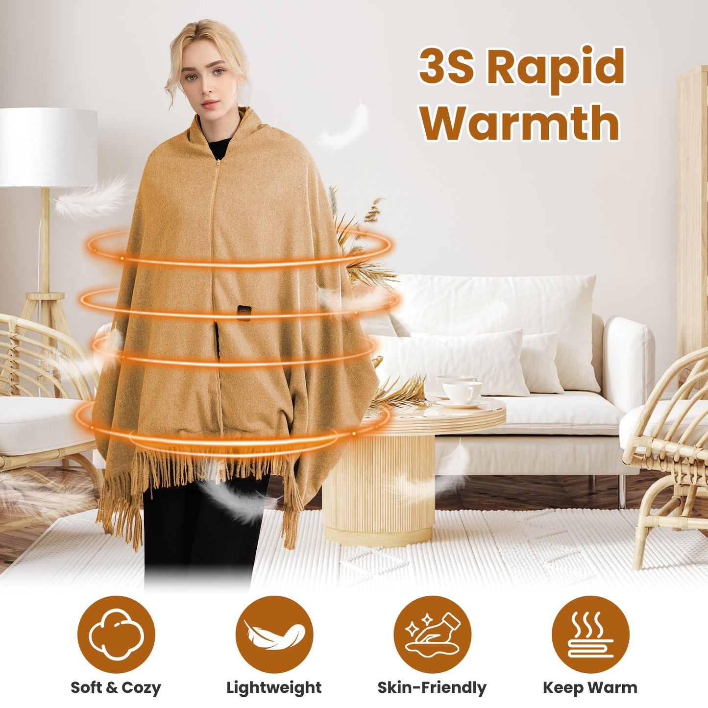 USB Heated Shawl with 3 Heat Levels and Zipper