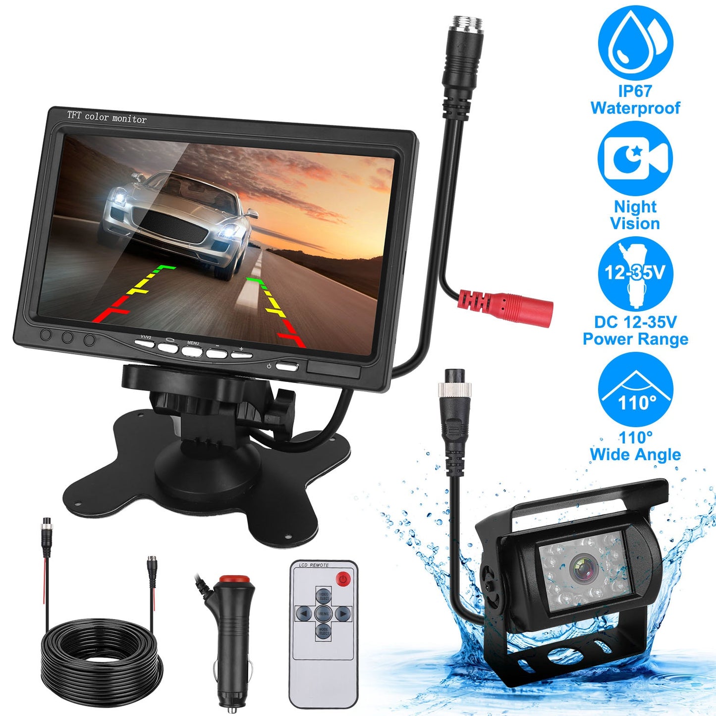 7 Inch Backup Camera System with Night Vision & IP67 Waterproof