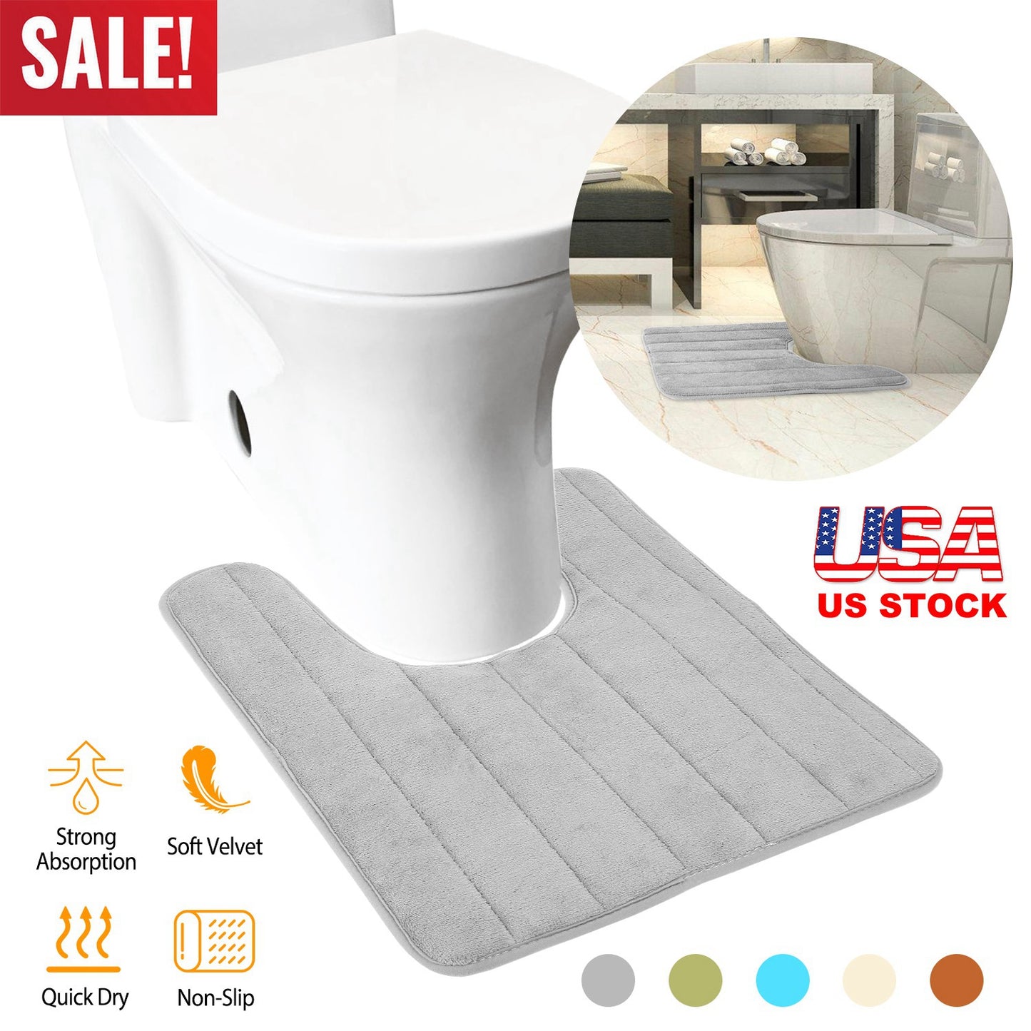 U-Shaped Bathroom Rug Non-Slip Contour Toilet Mat 23.6x19.7in