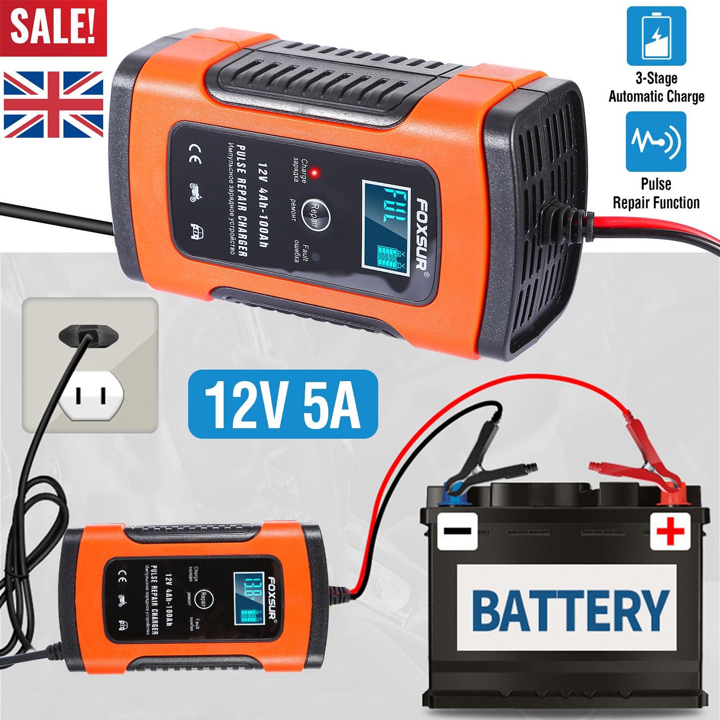 12V 5A Battery Charger with LCD Display and Pulse Repair