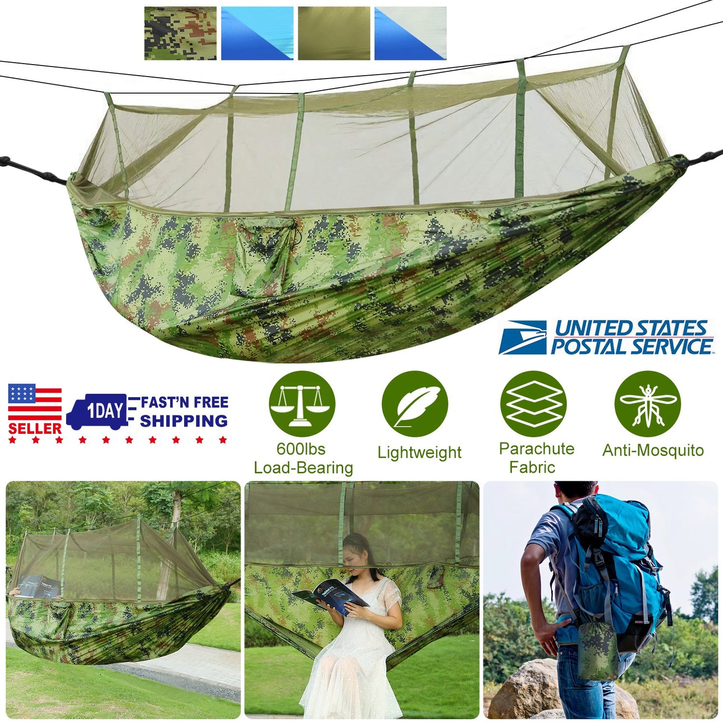 Camping Hammock with Mosquito Net - 600lb Capacity for 2 People