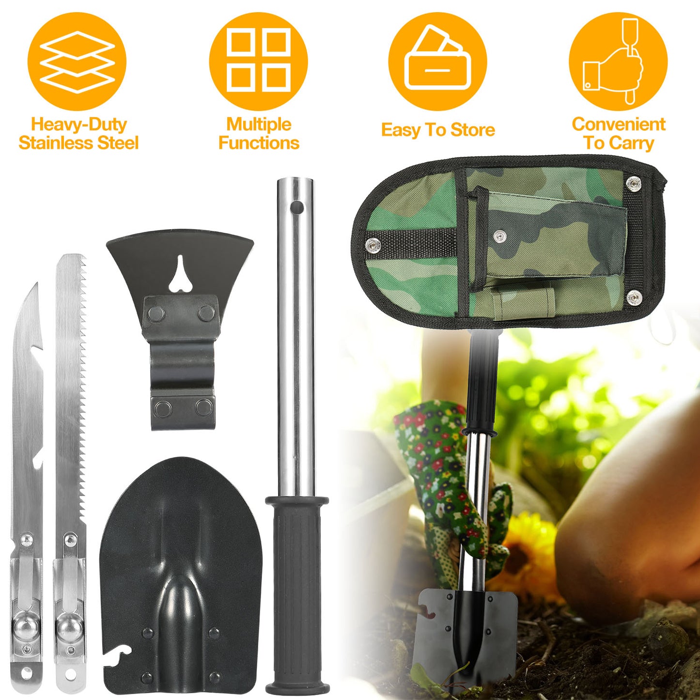 6-in-1 Multi-Tool Survival Kit with Shovel, Axe, Knife & Saw