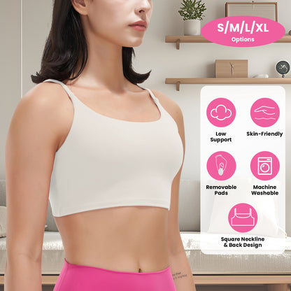 Women Strap Sport Bras Padded Strappy Crop Square Neck Low Impact Bras Sexy Fitness Tank Tops with Removable Pads Flat Straps for Gym Yoga Workout Run