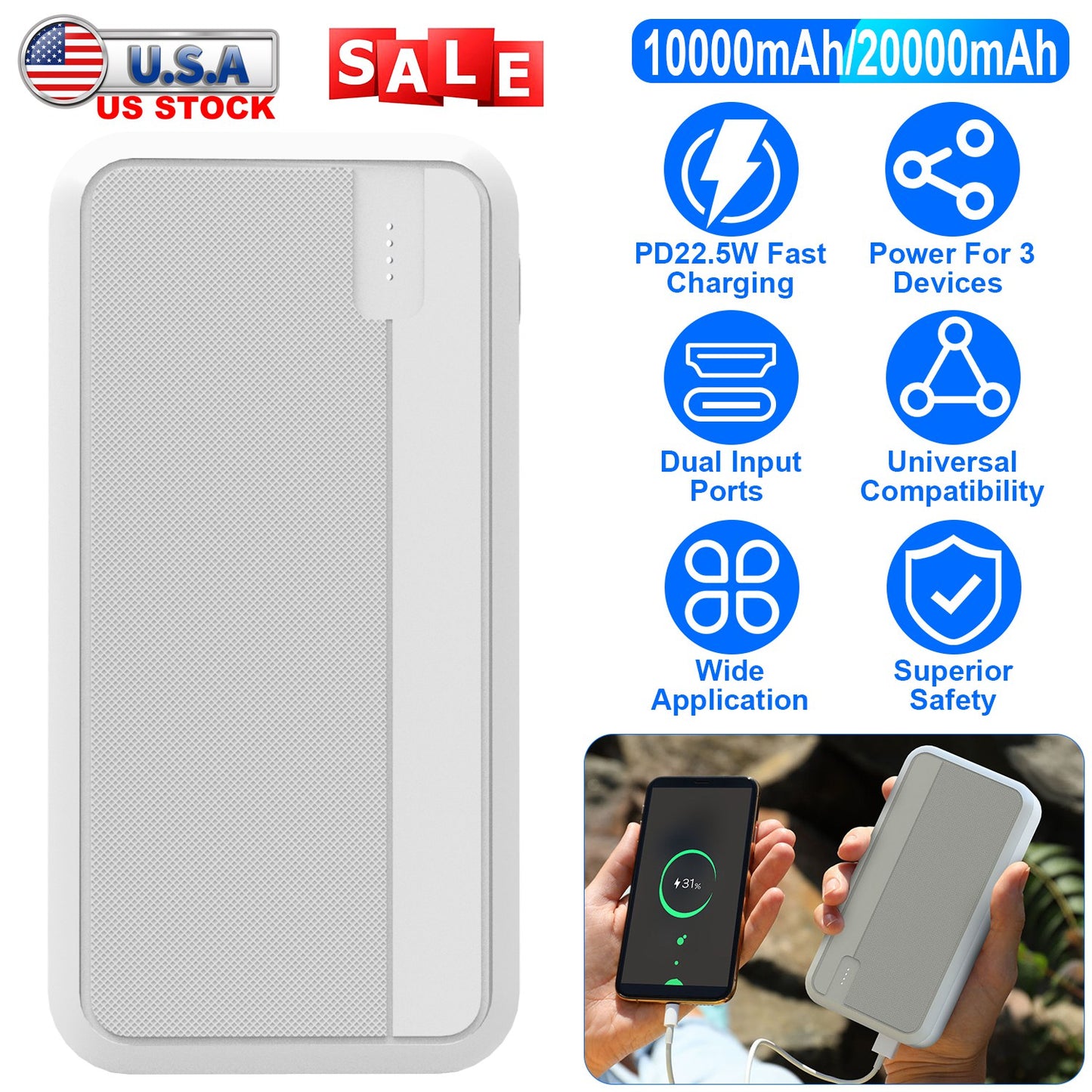 10000mAh Fast Charging Power Bank with PD 22.5W USB-C Cable