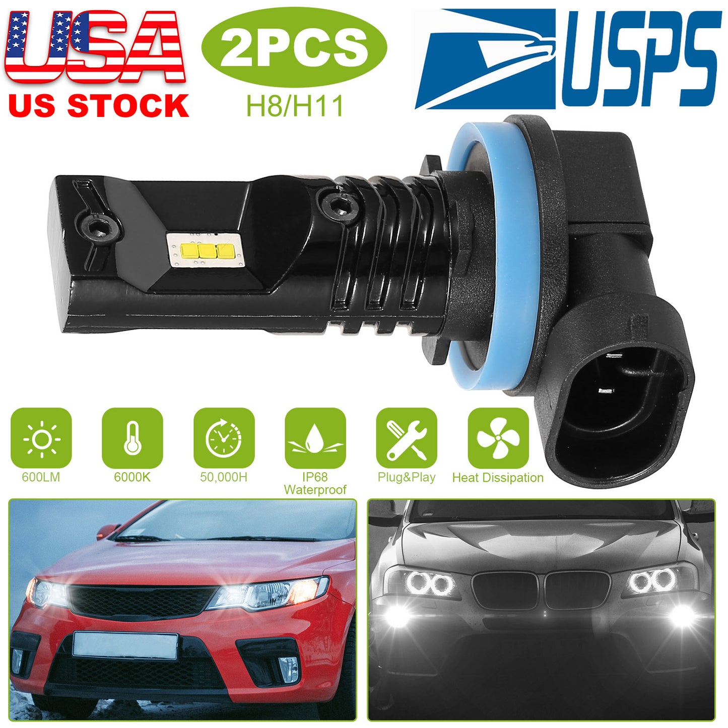 H8/H9/H11 LED Fog Light Bulbs 6000K White 600LM (2-Pack)