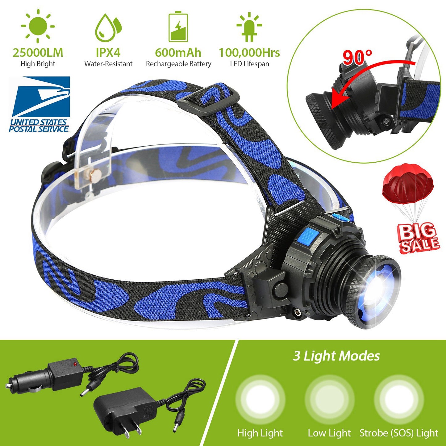 LED Headlamp 25000LM Rechargeable with Adjustable Beam