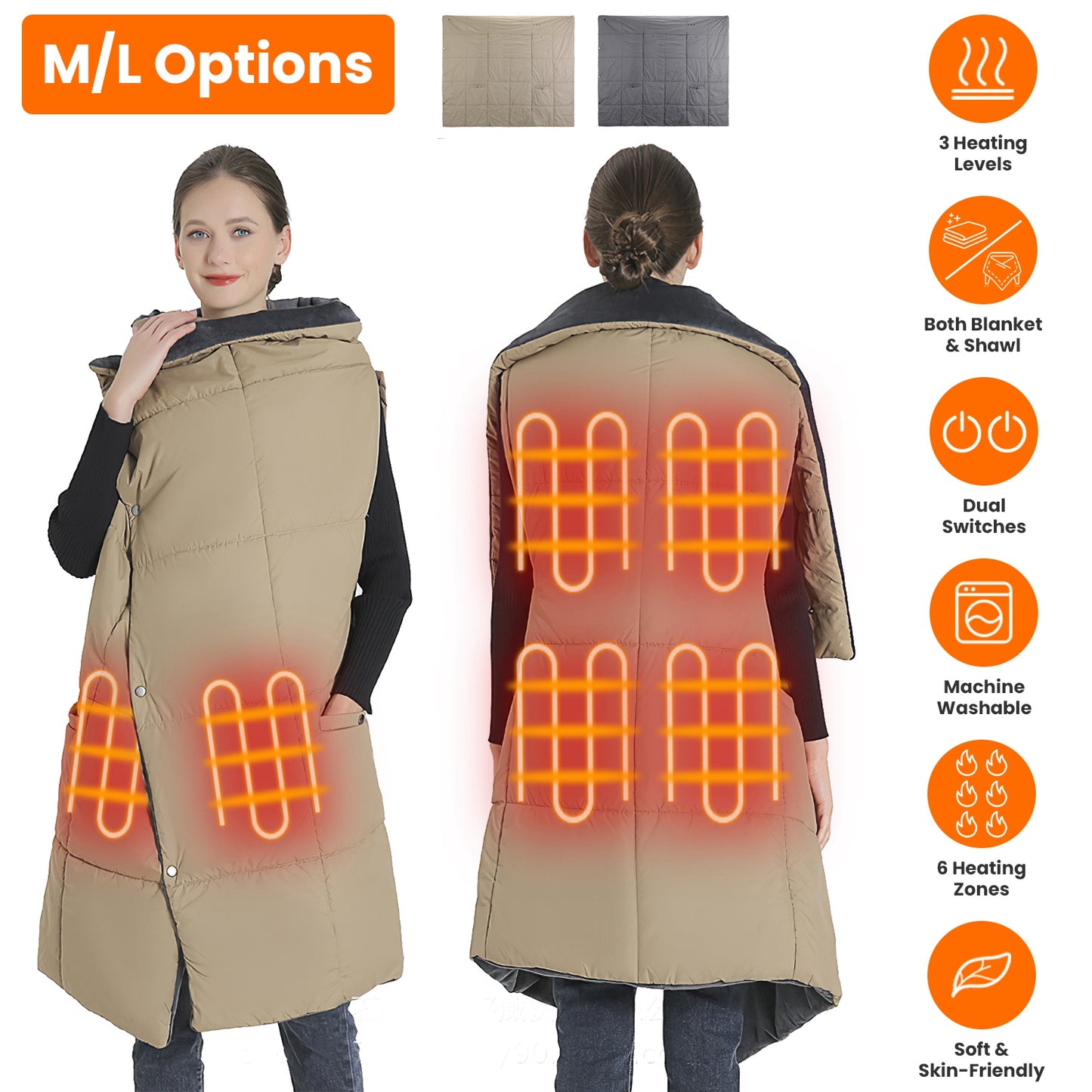 USB Heated Blanket Shawl with 6 Zones & 3 Heat Settings