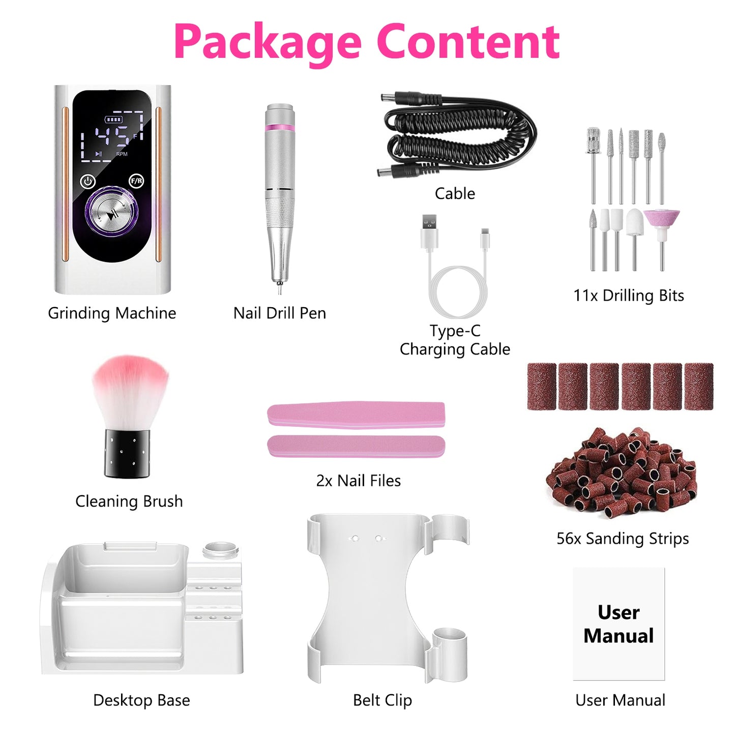 Electric Nail Drill Kit 45000 RPM with 11 Bits & LED Display