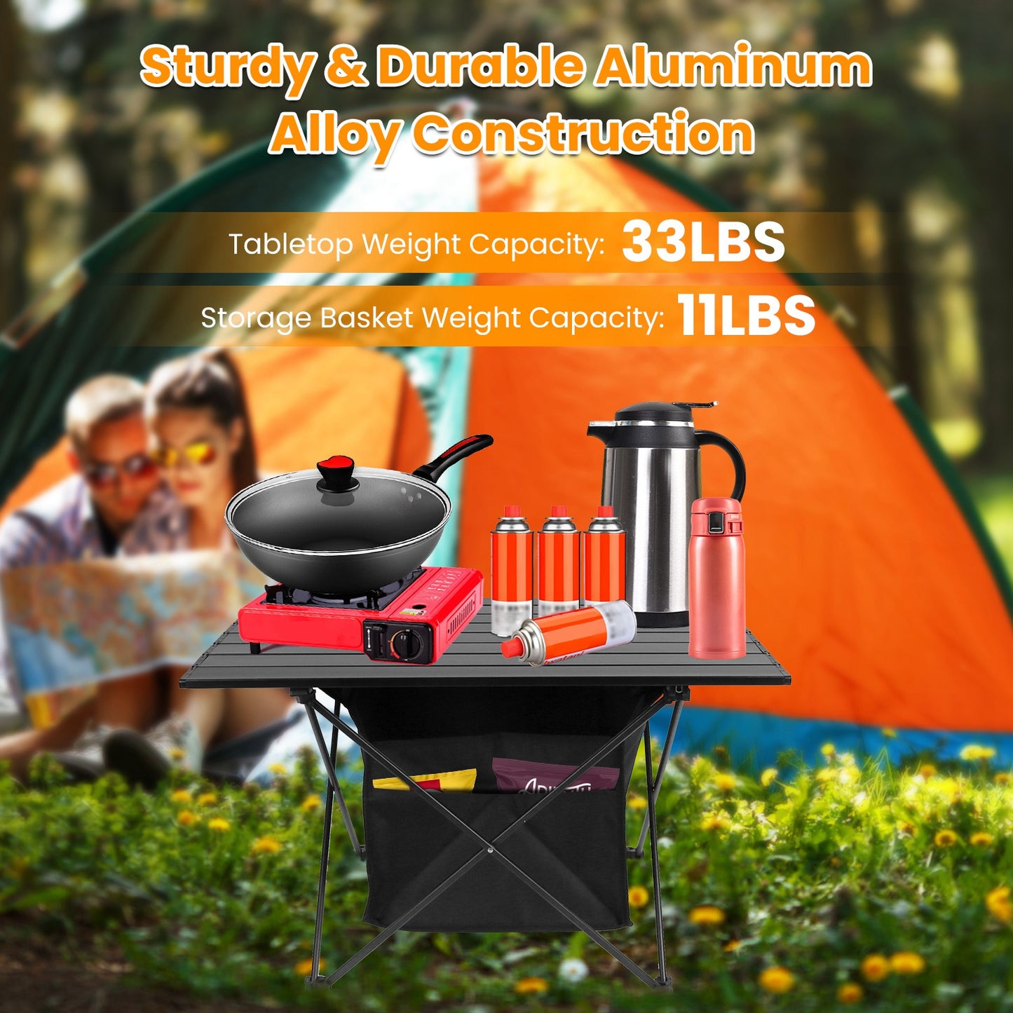 Foldable Camping Table with Storage Basket and Carrying Bag