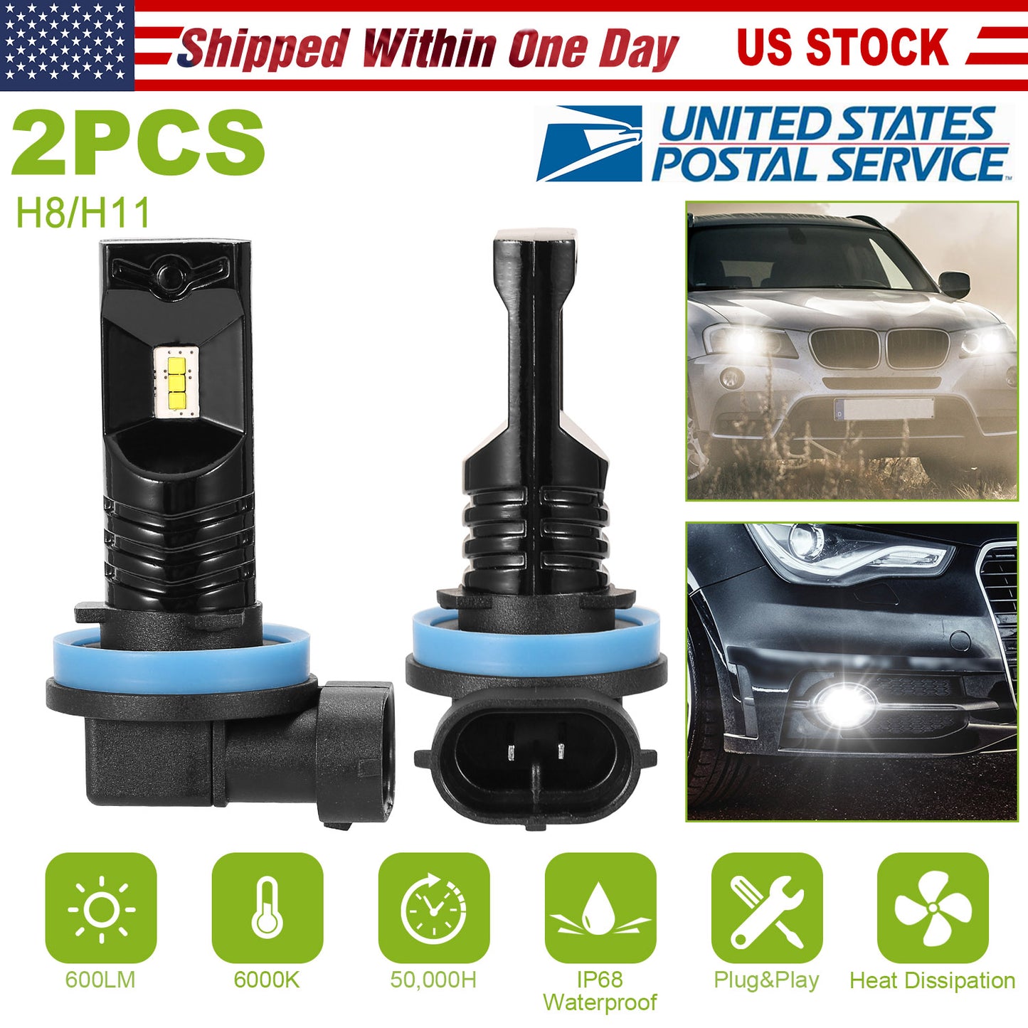 H8/H9/H11 LED Fog Light Bulbs 6000K White 600LM (2-Pack)