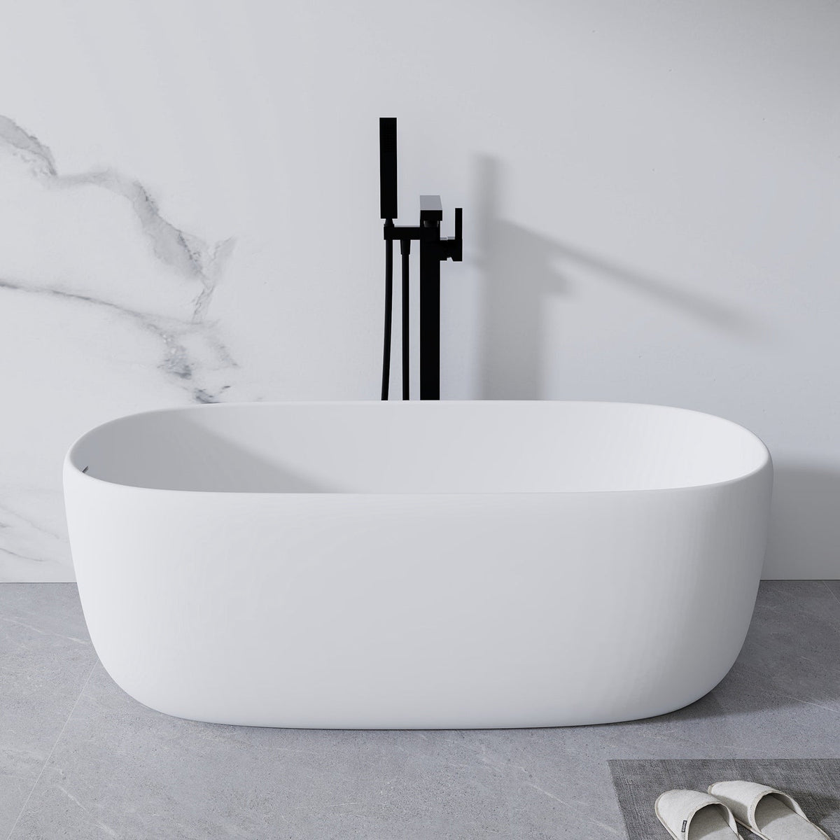 51" Oval Freestanding Soaking Tub - Matte White Resin Stone
