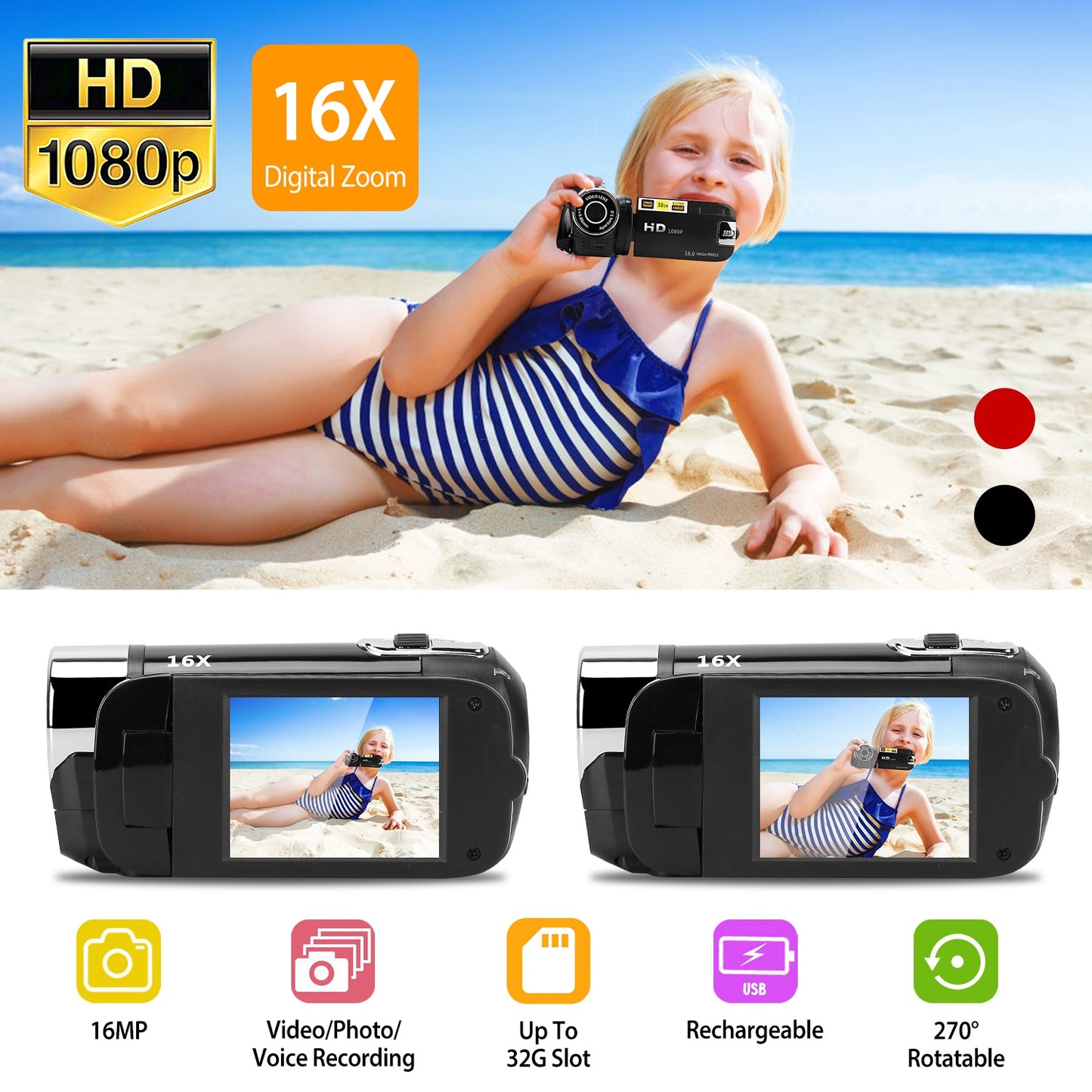 Digital Video Camcorder 1080P HD with 16X Zoom & Fill Light