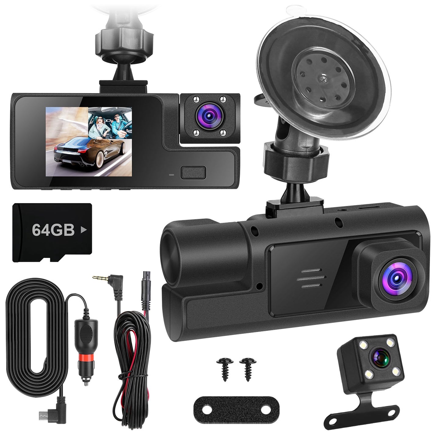 3-Channel Dash Cam with WiFi, 1080P Front & Rear Cameras