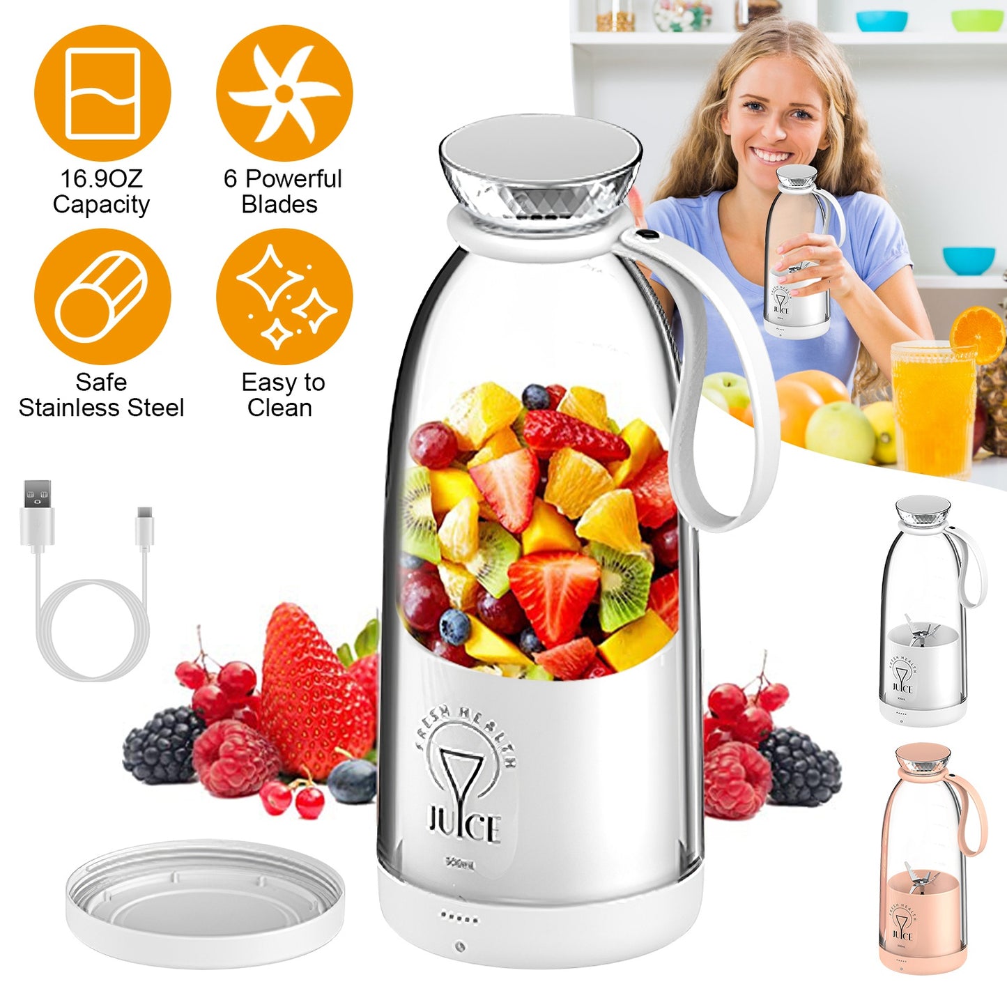 Portable Blender 16.9oz Rechargeable with 6 Stainless Blades