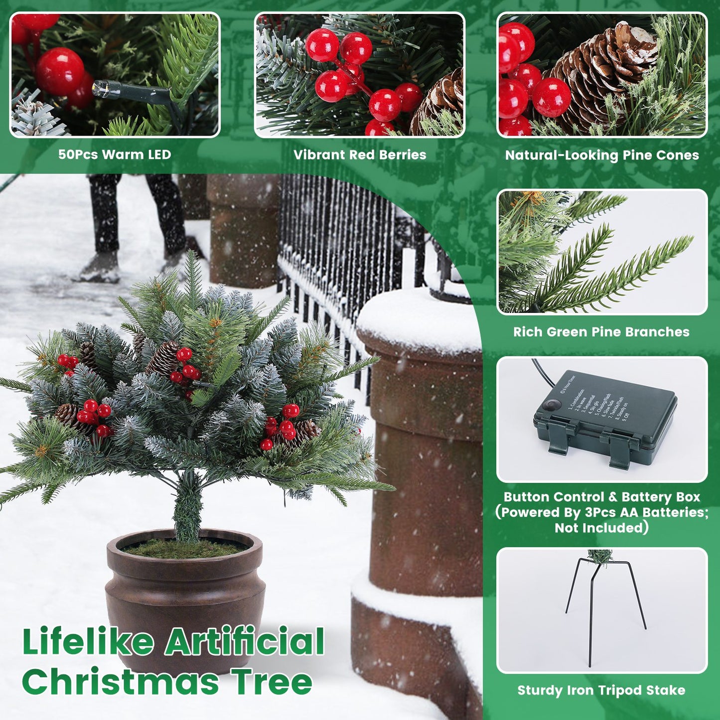 LED Christmas Tree Urn Filler with Lights and Timer - 2 Pack