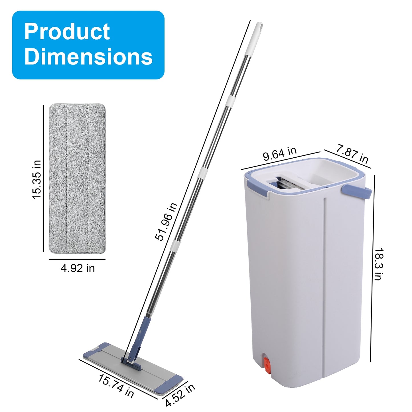 Flat Mop and Bucket Set with Wringer and 3 Microfiber Pads