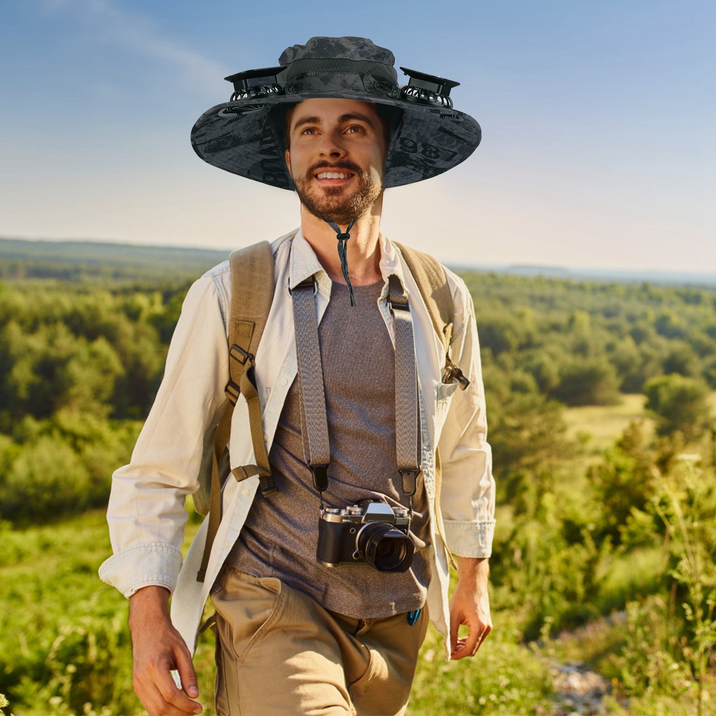 Wide Brim Sun Hat with Dual Rechargeable Fans & UPF50+