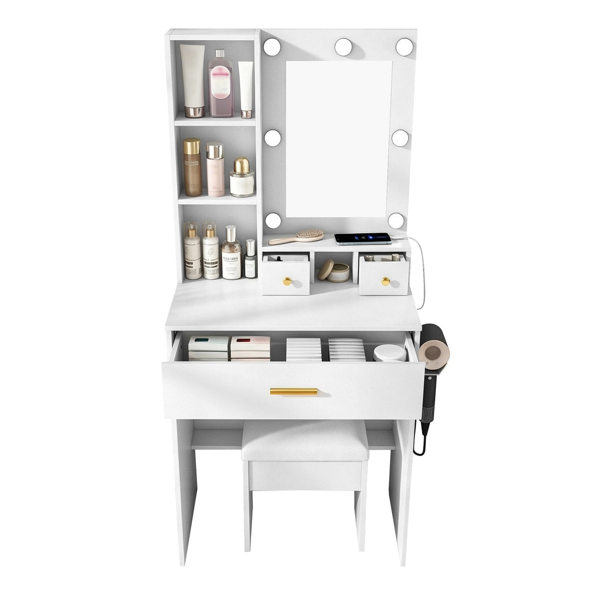 Vanity Desk Set with LED Lighted Mirror & Padded Stool