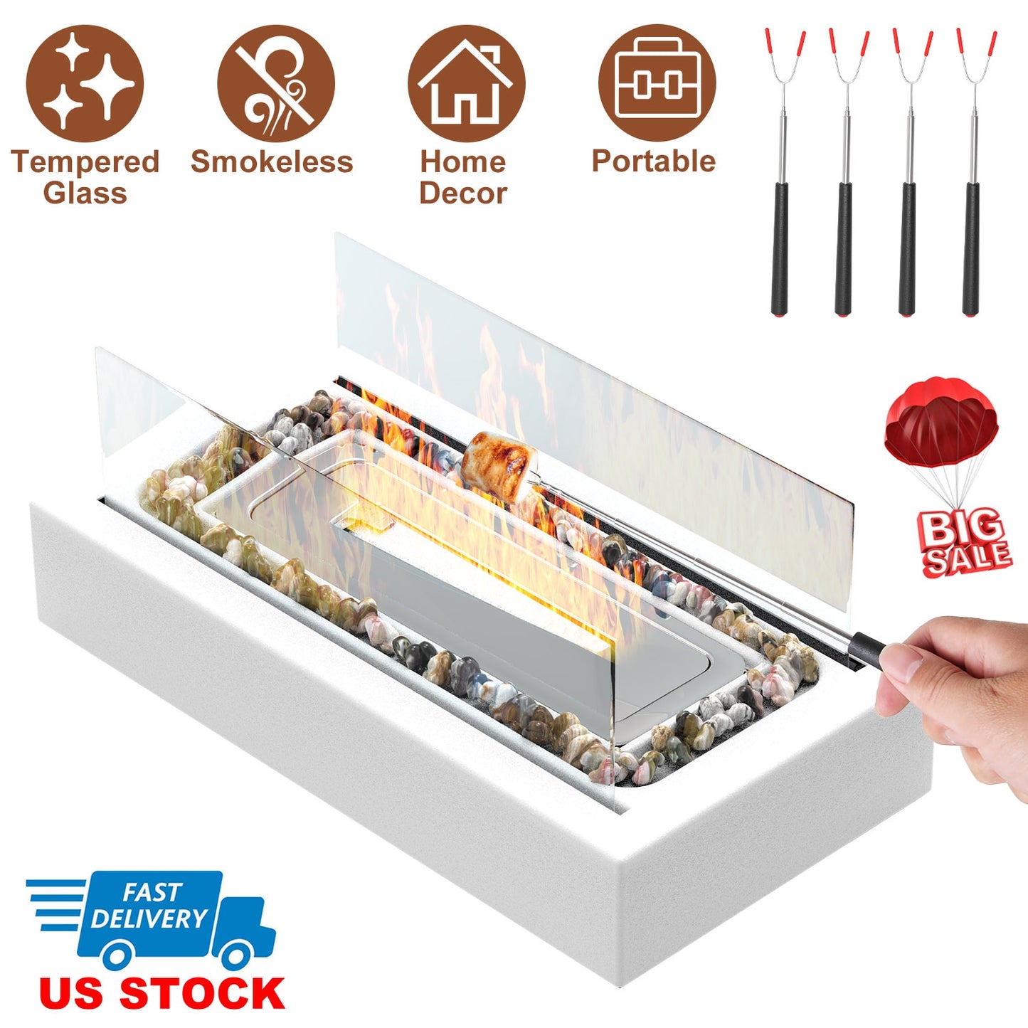 Tabletop Fire Pit with Roasting Sticks - Portable Ethanol