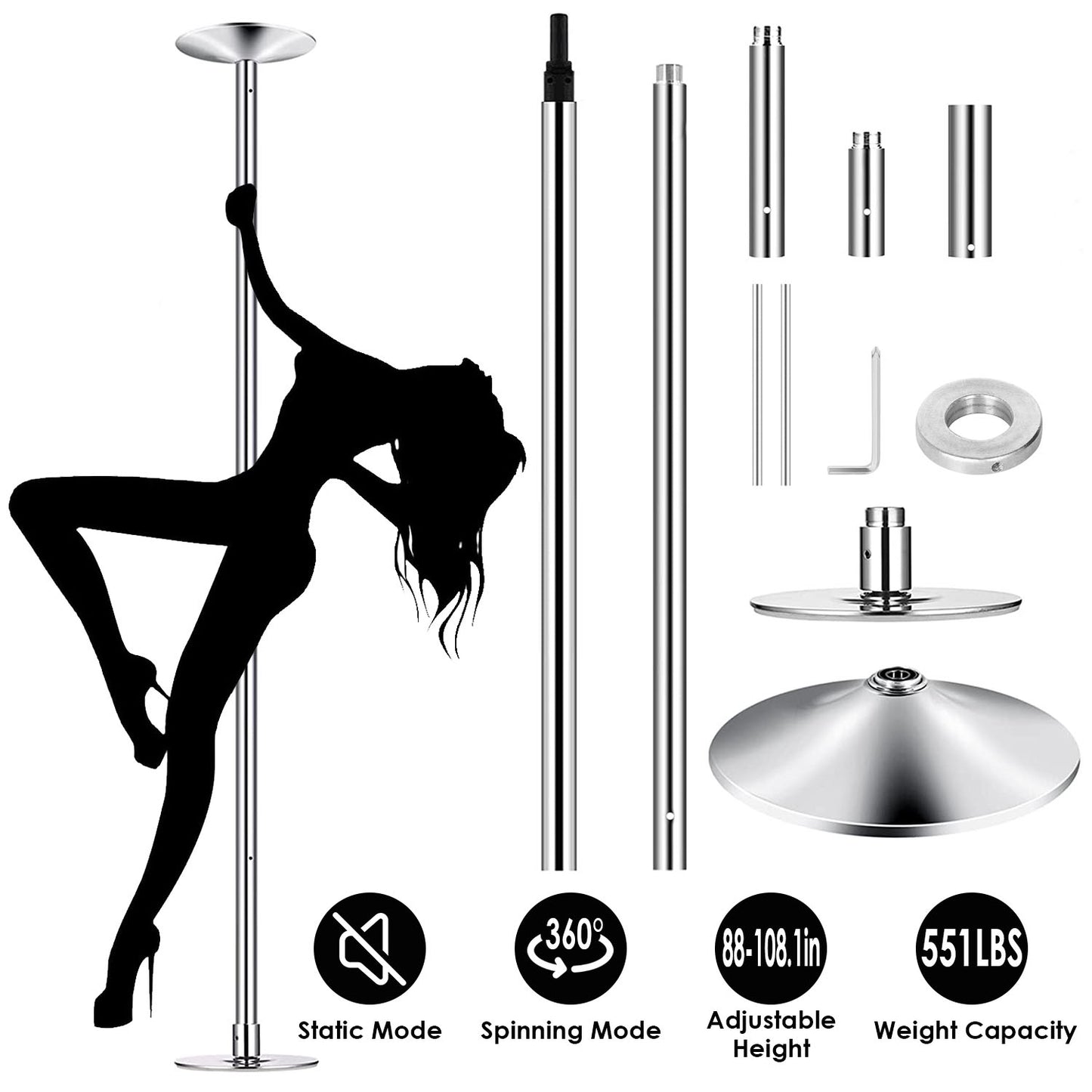 Dance Pole 45mm Spinning & Static Adjustable 88-108in