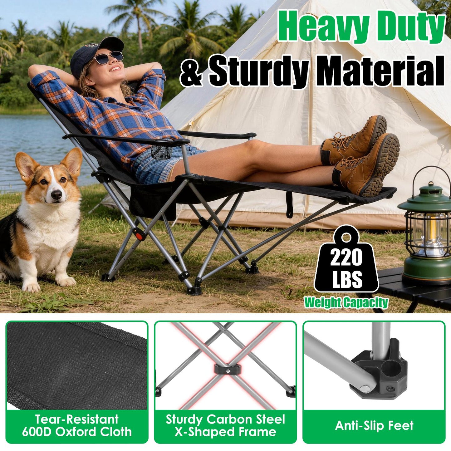 Reclining Camping Chair with Footrest - 4-Position Adjustable