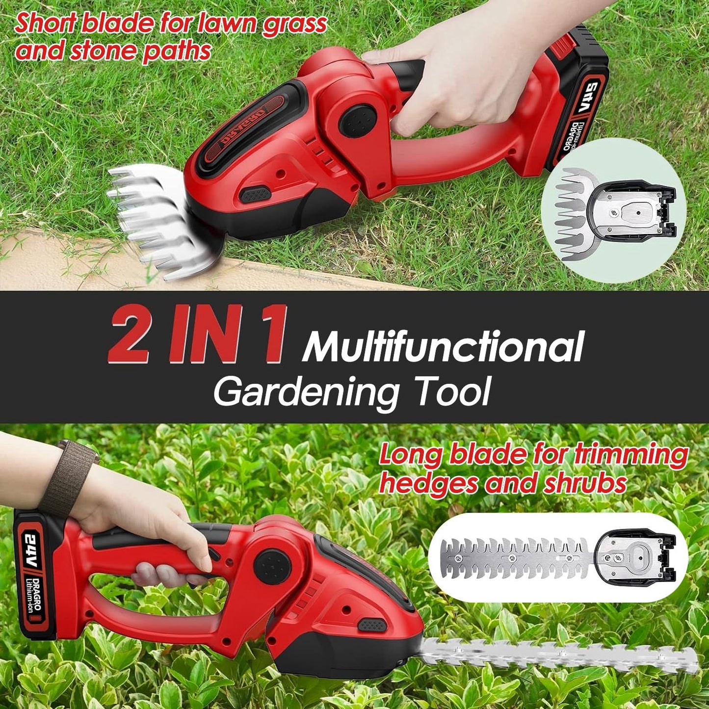 24V Cordless Grass Shear & Hedge Trimmer with 2 Blades