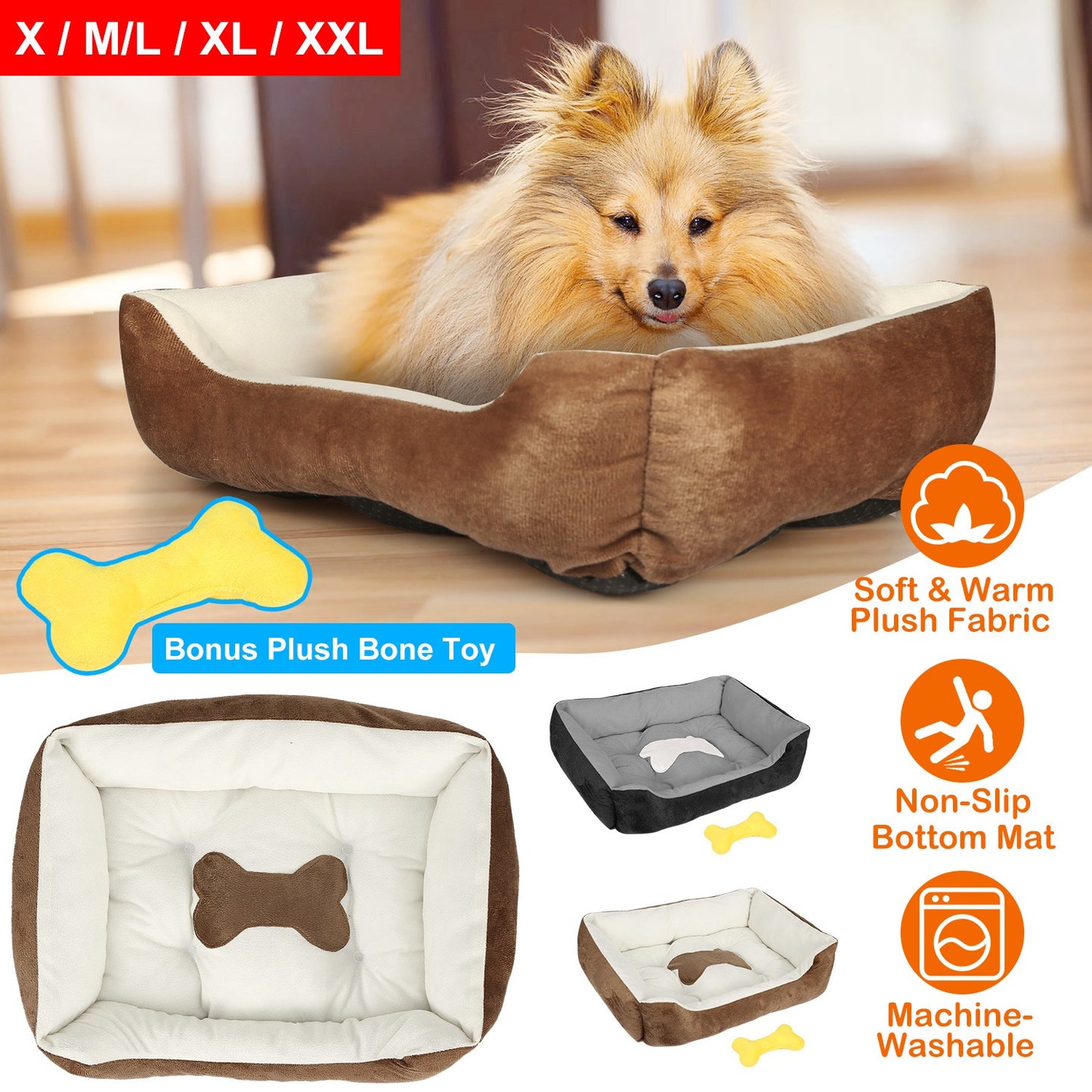 Plush Dog Bed with Non-Slip Bottom & Bonus Toy