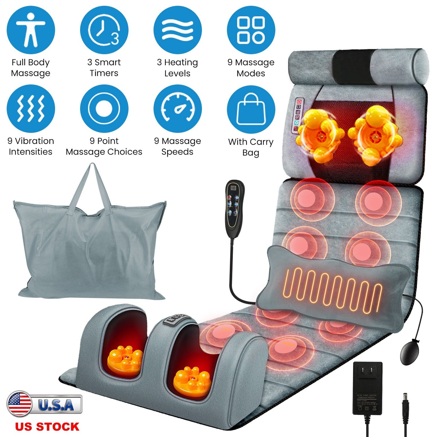 Full Body Electric Massage Mat Heating Vibration Massage Pad Cushion Back Massage Mattress Chair Pad with Neck massage Foot massage Head Pillow Inflat